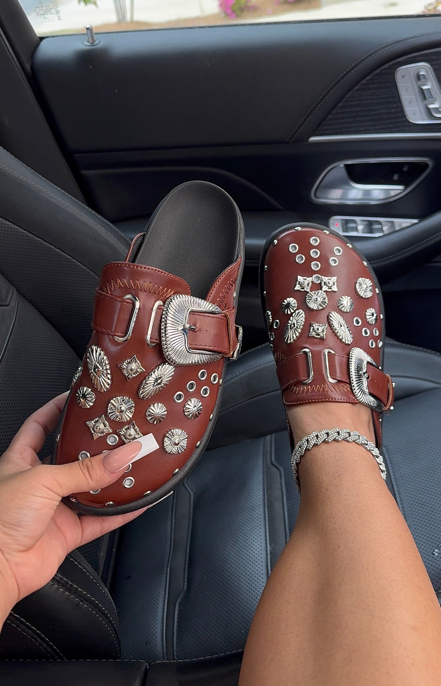 brown rhinestone clogs