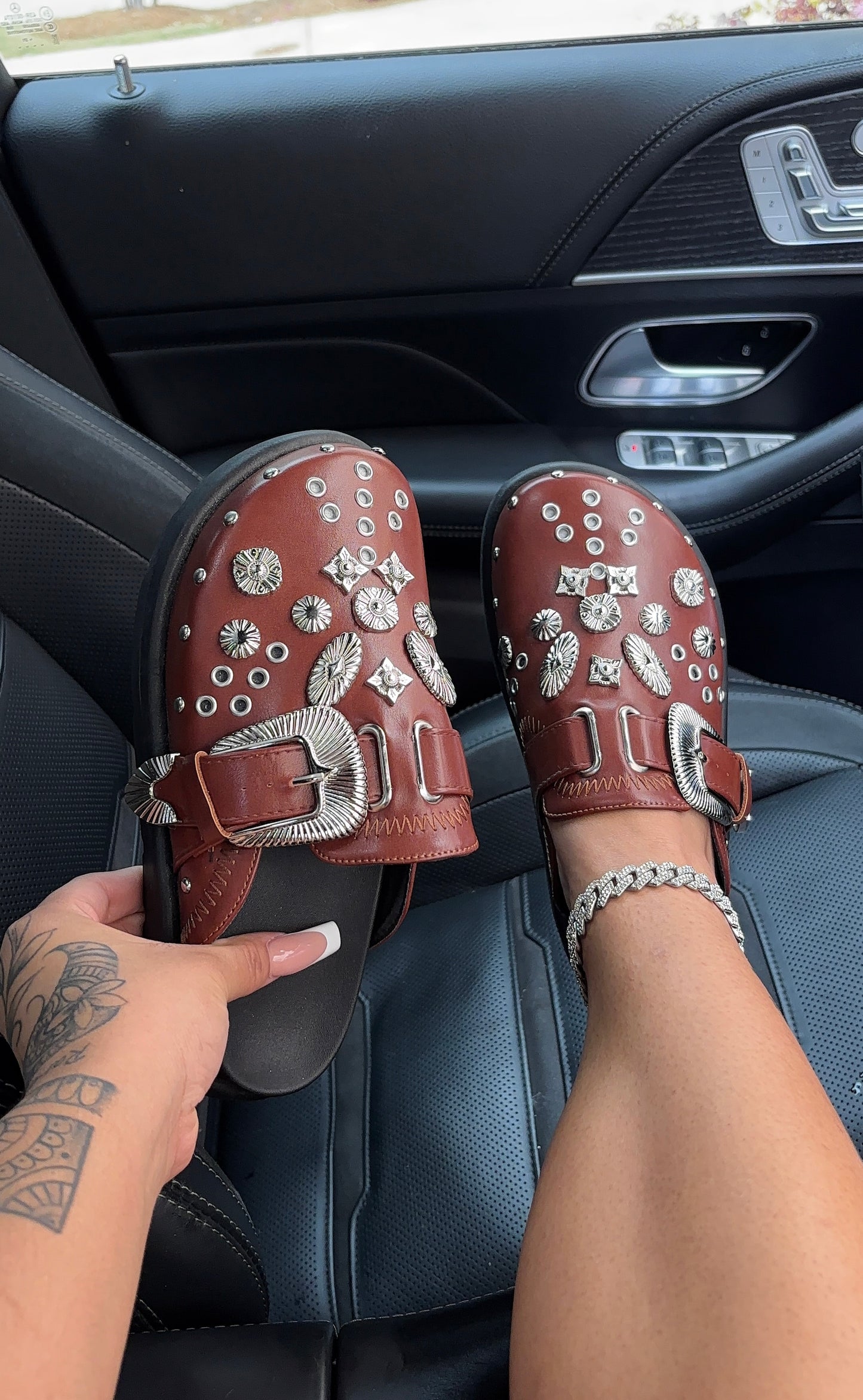 brown rhinestone clogs