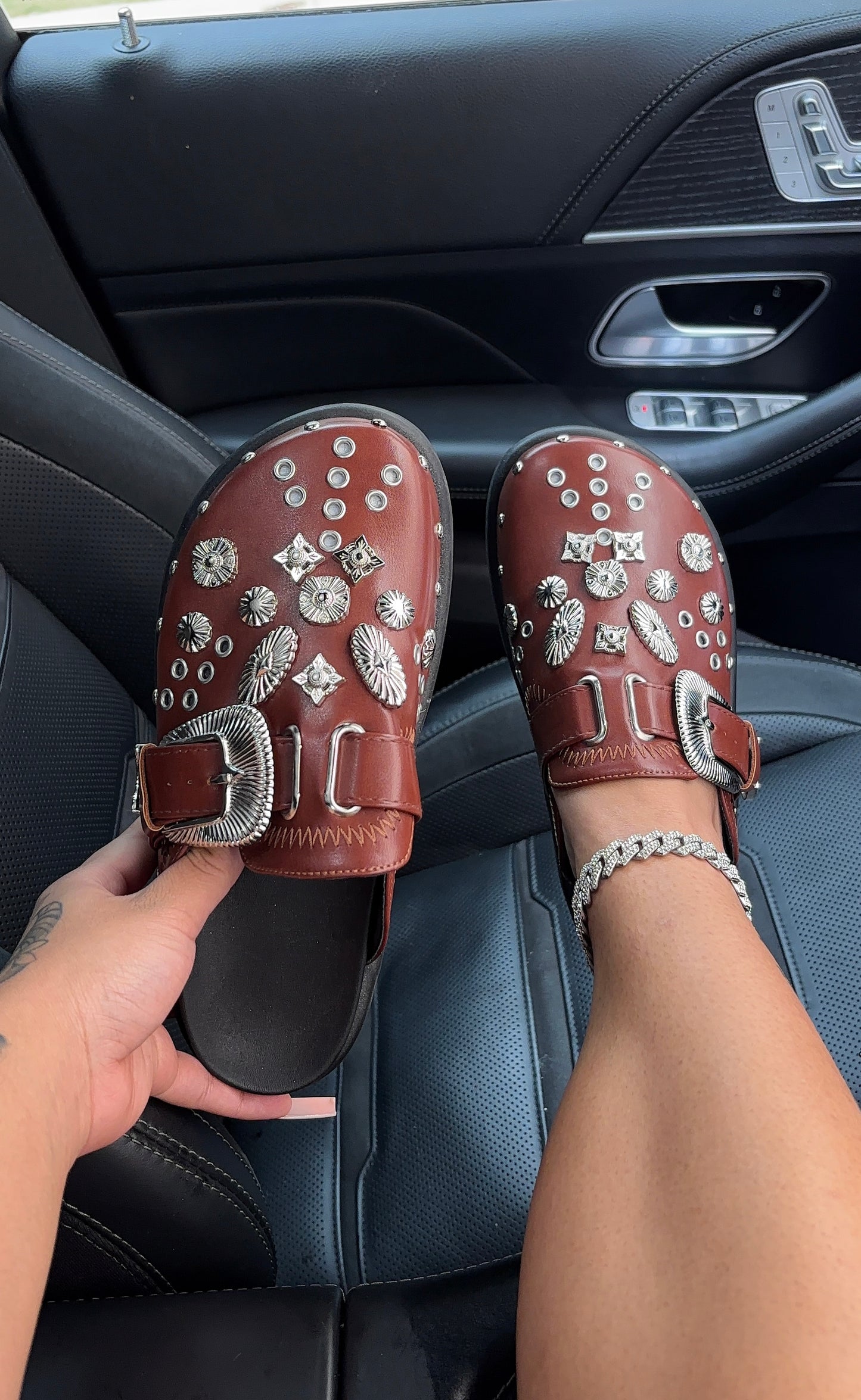 brown rhinestone clogs