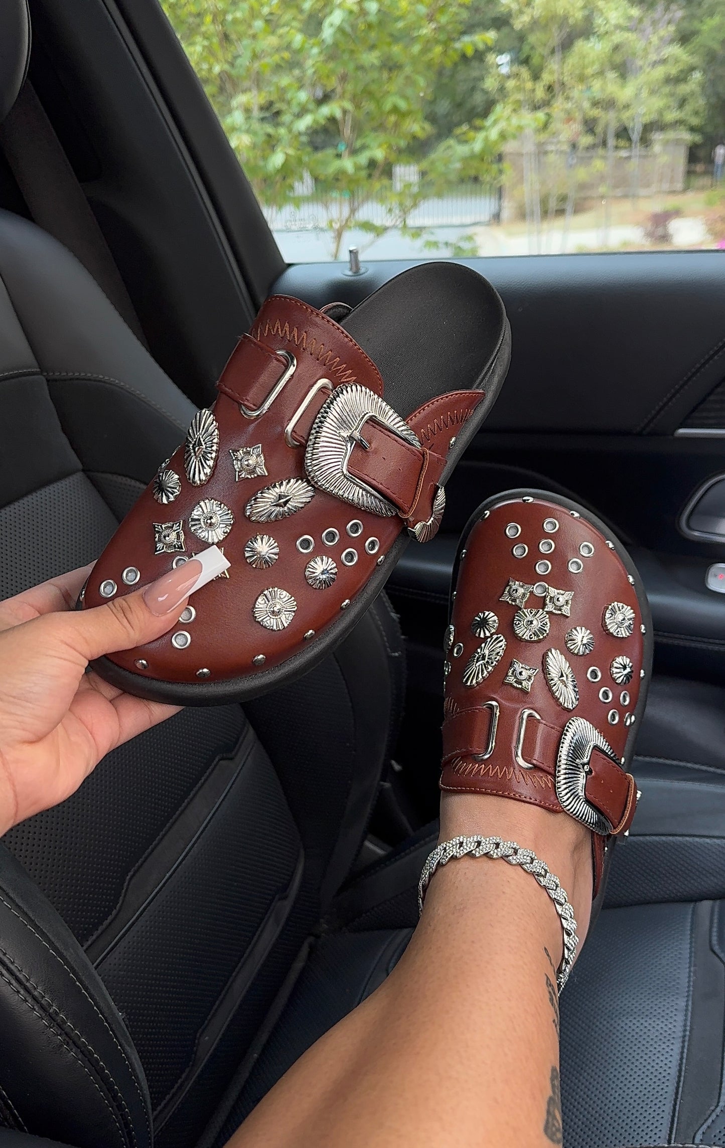 brown rhinestone clogs