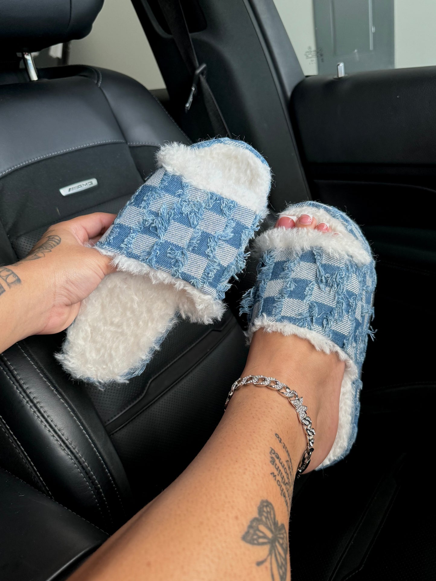 furry checkerboard sandals