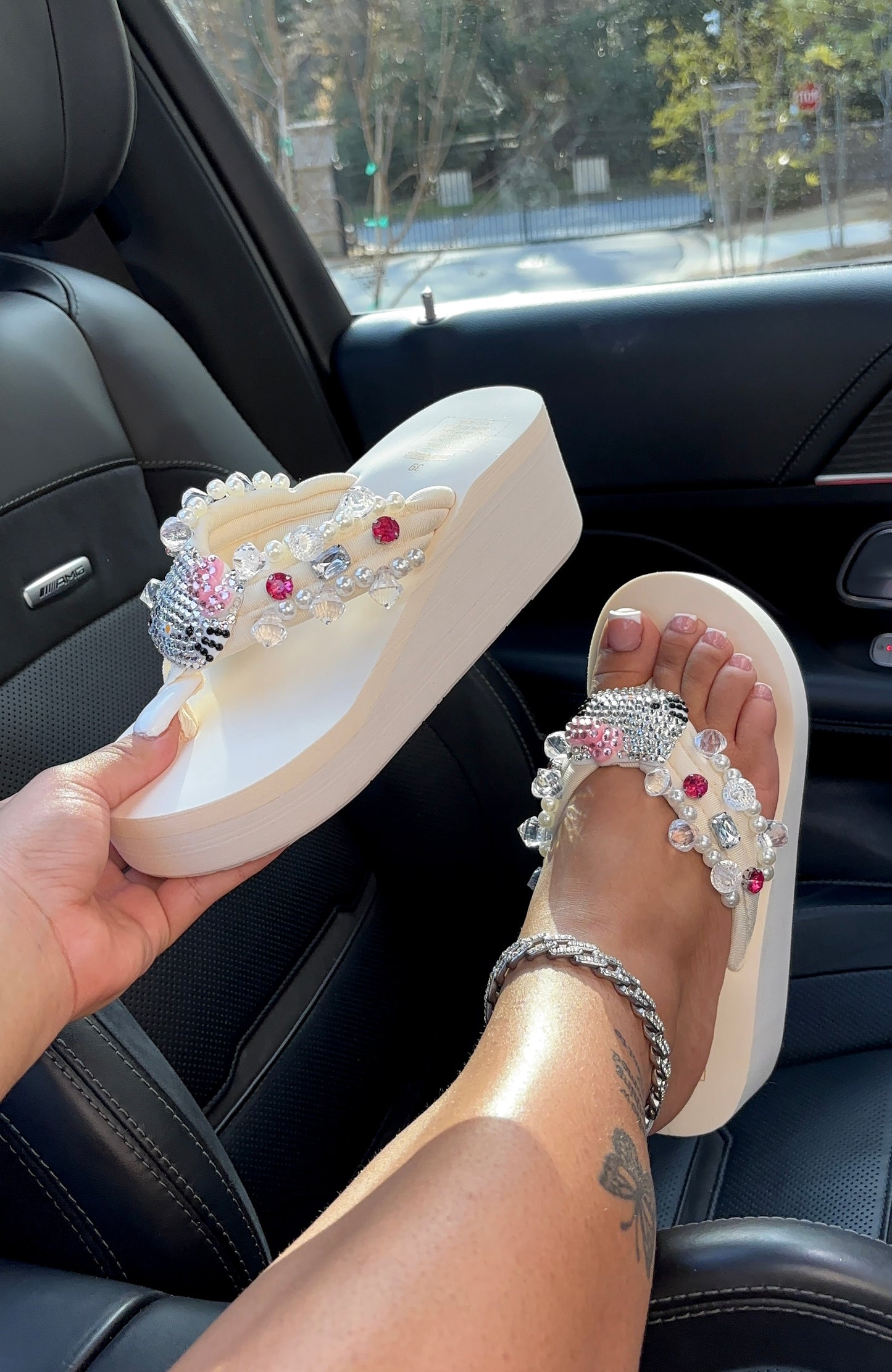 bedazzled kitty flip flops