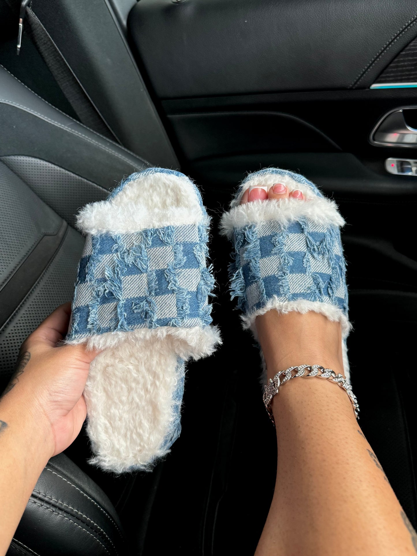 furry checkerboard sandals